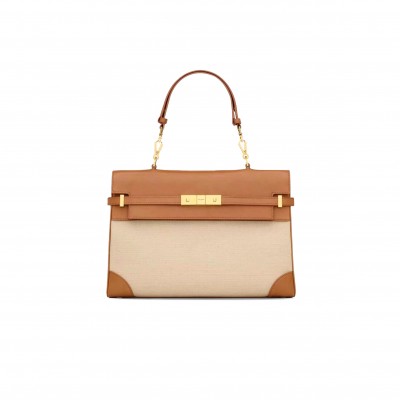 YSL MANHATTAN IN LEATHER AND CANVAS SHOULDER BAG 788283FAC7T9856 (32*23*10.5cm)